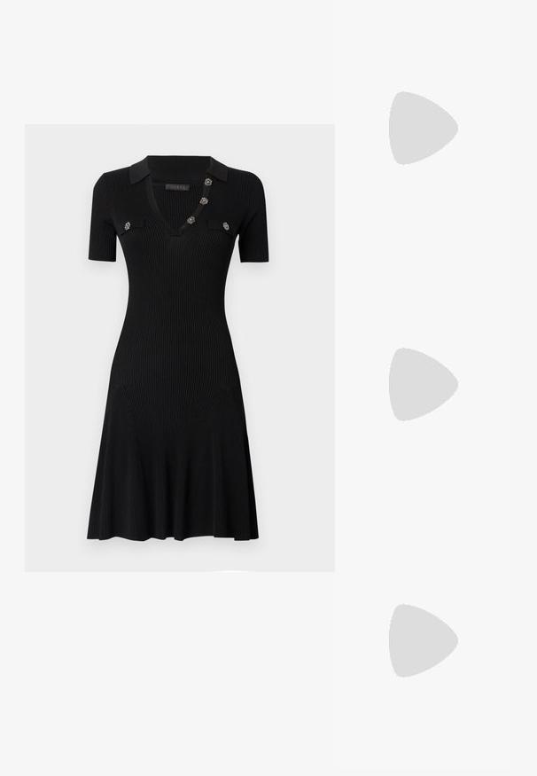 Black ribbed dress with short sleeves, V-neck, and small collar. Features decorative buttons on the front and a flared skirt.; White leather sneakers with a thick white sole, black suede heel accent, and embossed logo on the side. Laced design with six eyelets.; Black oversized sunglasses with a geometric shape, featuring dark lenses and a contrasting grey detail on the frame. Logo on the arm.; Silver hoop earrings with a smooth, shiny finish. Rounded shape, lightweight design, featuring a post-back closure.