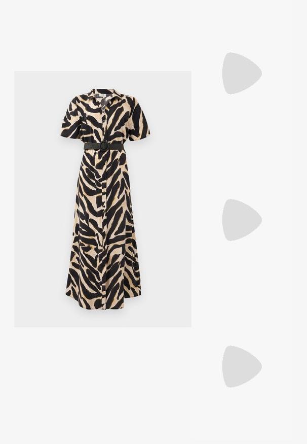 Long, button-up dress featuring a black and beige animal print, short sleeves, and a black belt with a circular buckle at the waist.; Black patent leather slingback shoe with pointed toe, ankle straps featuring silver buckles and hardware, and a slender heel.; Gold metallic handbag with a structured design, smooth texture, and adjustable strap. Features a unique triangular shape and minimalist stitching.; Gold-tone earrings featuring textured, wavy shapes. Includes sculptural clip-on studs and open hoop design with a hammered finish.