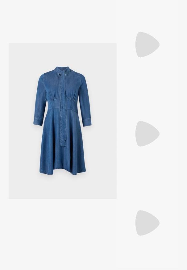 Denim dress with a fitted bodice, long sleeves, standing collar, and a flared skirt; features a button-down front and gathered details.; Black patent leather slingback shoes with a pointed toe, silver hardware detail, and a low block heel. Smooth, shiny texture throughout.; Black leather crossbody bag featuring a smooth texture, rectangular shape, and a metallic chain detail on the front. Adjustable strap included.; Silver drop earrings with a square stud, featuring a smooth, polished finish and a teardrop shape, reflecting light with a glossy surface.