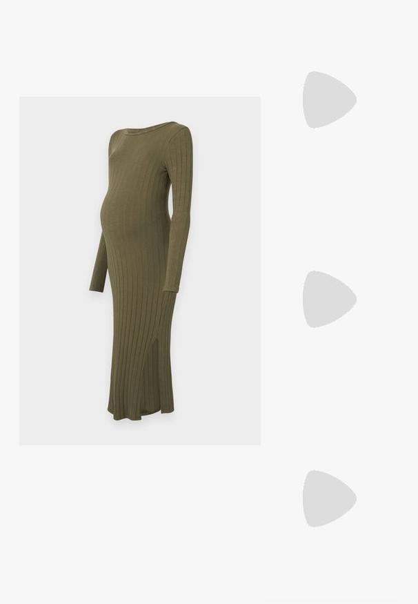 Langermet, ribbet graviditetkjole i olivengrønn, med rund hals, sideslitt og mykt stoff for komfort og fleksibilitet.; Sorte lakk lær slingback hæler med spiss tå, et avrundet utskjæringsdesign og blokkheel. Har en gulltone spenne som detalj.; Sorte oversized solbriller med gradient linser, tykke rammer og detaljering med gulltonekjede på tempelarmene.; Svart totebag laget av syntetisk materiale, med et enkelt rektangulært design, gullfargede firkantede detaljer og doble håndtak.