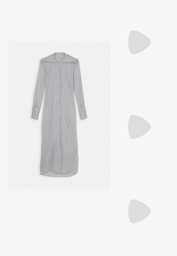 Long, button-up dress in light gray with a collar, long sleeves, and cuffed wrists. Made of textured fabric with a straight silhouette.; Black leather sandal with thin straps, low block heel, and square toe. Features a buckle closure and smooth texture.; Woven blue handbag with a textured surface, rectangular shape, short handle, and a large round closure detail on the front.; Silver pearl earrings with a curved, bean shape. Smooth, shiny surface and secured with a post and back closure.