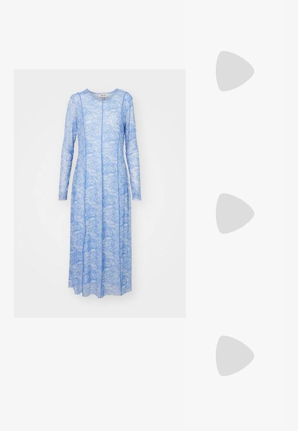 Pitkähihainen mekko vaaleansinisestä läpikuultavasta kankaasta, jossa on kukkakuvioisia ruusuja. Ominaisuuksina pyöreä kaula-aukko ja suora siluetti saumatiedoilla.; Stuart Weitzman THEA - Sandaalit nilkkaremmillä - golden; Keltainen, pehmeä tekstuuri laukku, jossa on rakenteellinen yläosa, kerätty pohja ja ohut, irrotettava hihna. Vetoketjukiinnitys yläsivun kohdalla.; Hopeakuvioiset sydämen muotoiset rakkaussulkeet, joissa on kaiverrettu "KYLLÄ" ja "EI" -tekstit, kiiltävä pinta, symmetrinen muotoilu ja kestävä metalliovi.