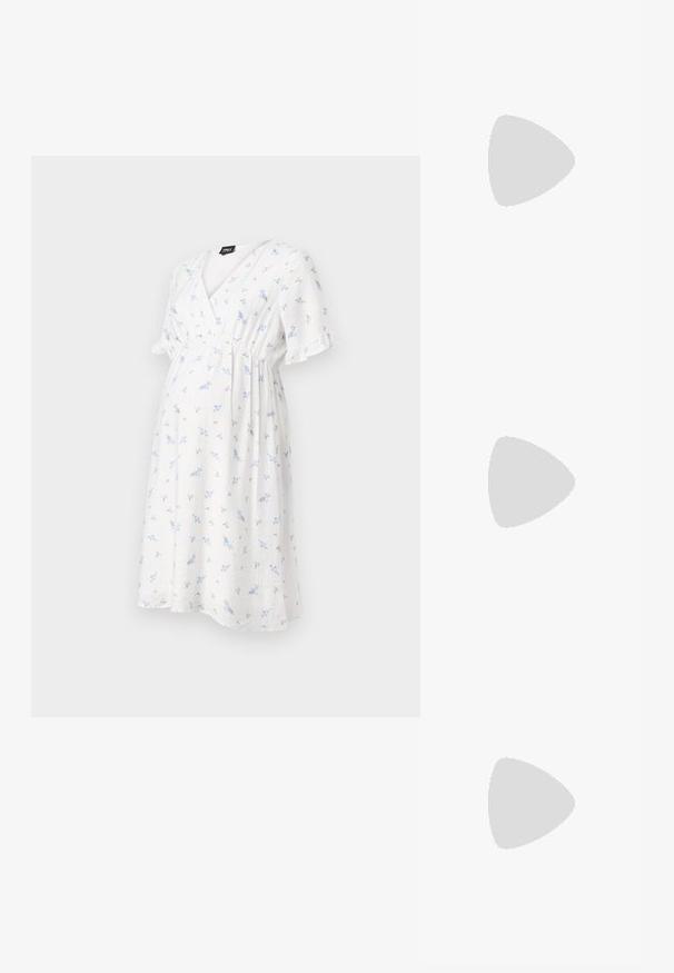 White maternity dress with small blue floral patterns, short ruffled sleeves, and a crossover v-neck design. Flowy fit for comfort.; Anna Field by Zalando Classic heels - black; Anna Field by Zalando Sunglasses - black; Black shoulder bag with a smooth matte finish, curved top design, adjustable strap, and no visible closures or embellishments.