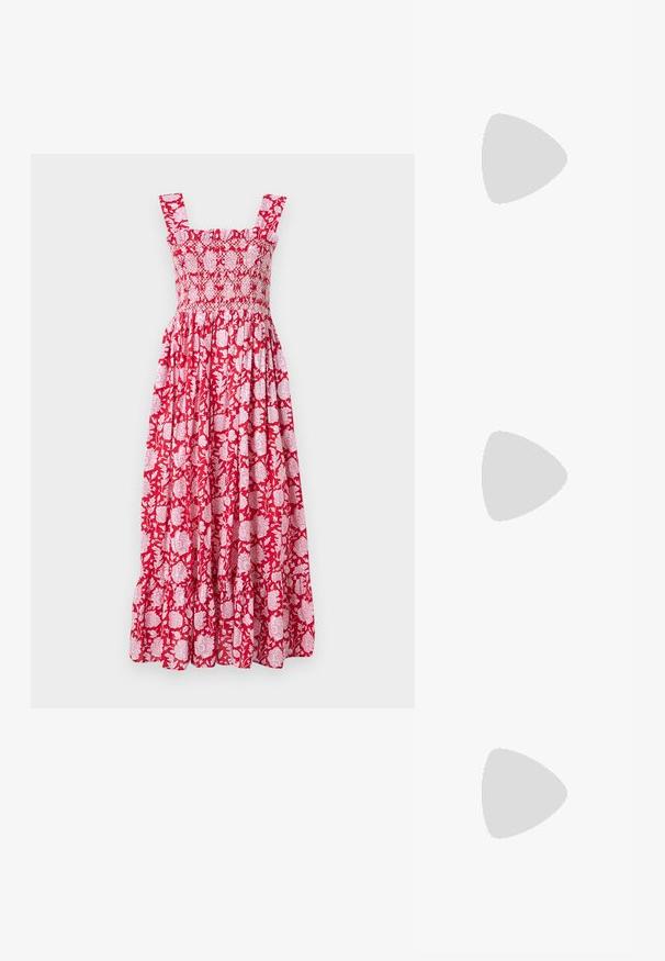 MILLE GARDEN DRESS - Denné šaty - red; Biele sandále na opätku so slabým podpätkom, tenkými pásikmi a hladkým koženým povrchom; obsahujú malú dekoratívnu sponu.; Žltá, mäkká textúra kabelka s pevnou hornou časťou, zbernou základňou a tenkým, odnímateľným popruhom. Zipsové uzatváranie na vrchu.; Náušnice zlatého tónu vo forme kruhu, pozostávajúce z dvoch prepletených okrúhlych tvarov, hladký povrch a uzáver na štud pre bezpečné nosenie.