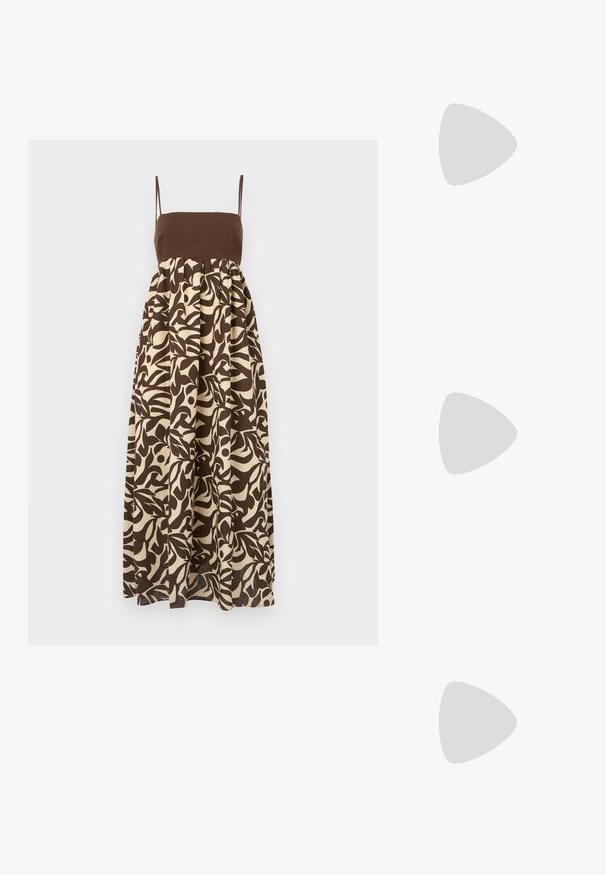 Smešani smeđi i off-white maksi haljina s prilagođenim gornjim dijelom, tankim trakama i raširenom suknjom koja sadrži organski uzorak lišća.; Zlatne metalik štikle s okruglim prstom, naramenicom oko gležnja i niskom blok potpeticom. Glatka tekstura s sjajnom završnom obradom.; Zlatna metalna torba s uređenim dizajnom, glatkom teksturom i podesivim remenom. Ima jedinstven trokutasti oblik i minimalističko šivanje.; Naušnice zlatne boje s teksturiranim, valovitim oblicima. Uključuju skulpturalne kopče i dizajn otvorene kružnice s kovanom završnom obradom.