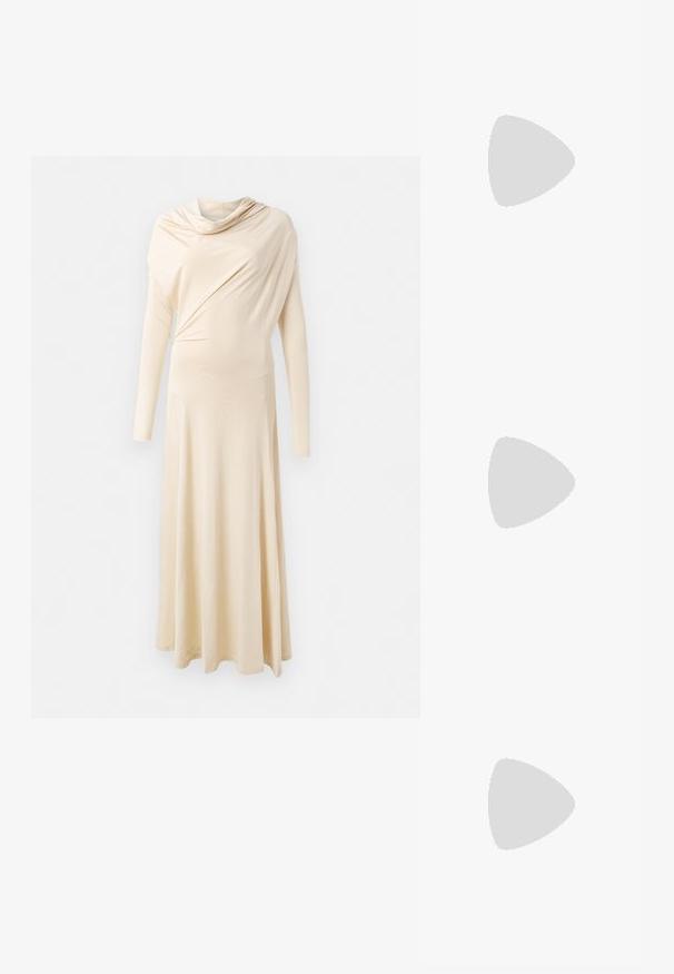 Long-sleeved, beige dress made from soft, draped fabric. Features a cowl neck and a flowing silhouette that extends to the floor.; Beige high-heeled sandals with thin ankle strap and two upper straps. Glossy patent finish and gold hardware detail on the ankle strap.; Black croc-embossed leather bag with a curved shape, gold hardware accents, an adjustable strap, and a logo detail at the front.; Gold-tone metal hoop earrings with a curved, elongated shape. Features a smooth, shiny surface and a rounded tip for added detail.