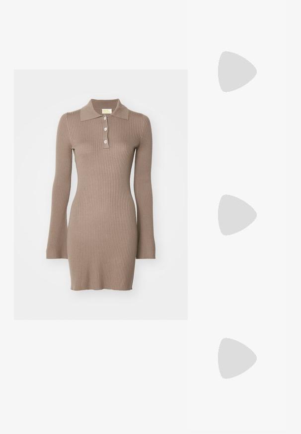 Pletené polo šaty vo svetlohnedej farbe, s rypsovým textúrou, dlhými rukávmi a trojica gombíkov na zapínanie pri golieri. Hladký povrch materiálu.; Čierne slingback topánky s ostrou špičkou a nízkym opätkom, vyrobené z hladkej kože a s výrezmi na boku pre lepšiu priedušnosť.; Biela kožená kabelka s zakriveným tvarom, na prednej strane s embosovaným logom "CK" a jedným ramenným popruhom. Zipsové zapínanie navrchu.; Zlaté kruhové náušnice s hladkým, zakriveným dizajnom. Vyrobené z kovu, s elegantným povrchom a uzáverom na zadnej strane.