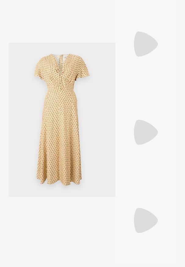 Robe maxi en tissu jaune clair avec un motif floral marron. Décolleté en V avec des détails froncés et des manches courtes. Texture lisse.; Escarpin slingback en vernis noir avec un bout pointu, présentant un imprimé serpent texturé, une sangle réglable et un petit talon bloc texturé.; Pochette en cuir doré métallisé avec une finition texturée, dotée d'une chaîne dorée et d'une bandoulière amovible. Logo de la marque estampé.; Lauren Ralph Lauren BASIC SMALL HOOP - Boucles d'oreilles - gold-coloured