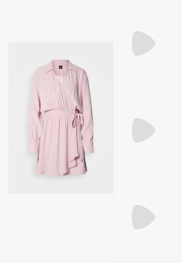 Wrap dress in light pink fabric with embossed diagonal stripes, long sleeves, collar, and tie belt at the waist. Flowy design.; Pointed-toe slingback shoe in off-white leather, featuring a low heel and cut-out design with a smooth texture and minimal accents.; Cream-colored handbag with a textured finish, curved shape, short handle, and gold-tone logo detail. Zipper closure at the top.; Silver metal earrings featuring rounded shapes, with a polished finish and subtle engravings of the brand "BOSS" on the lower sections.