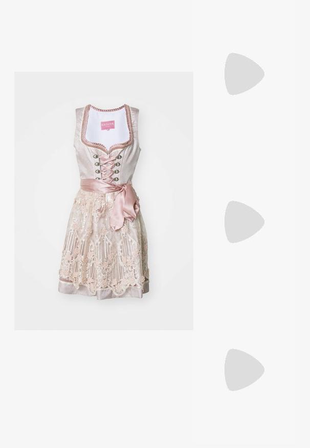 Light pink dress with a fitted bodice, lace-up front, and satin ribbon. Features a layered, embroidered skirt with floral patterns.; Black and white T-shirts, round neck, short sleeves. Black shirt features yellow sun embroidery; white has purple crescent moon accent.; Beige patent leather slingback heels with pointed toe and a slim, square heel. Smooth texture and minimalist design with no embellishments.; Pink bead necklace featuring a white letter "A" pendant, secured with a gold clasp and an adjustable chain. Textured beads add detail.