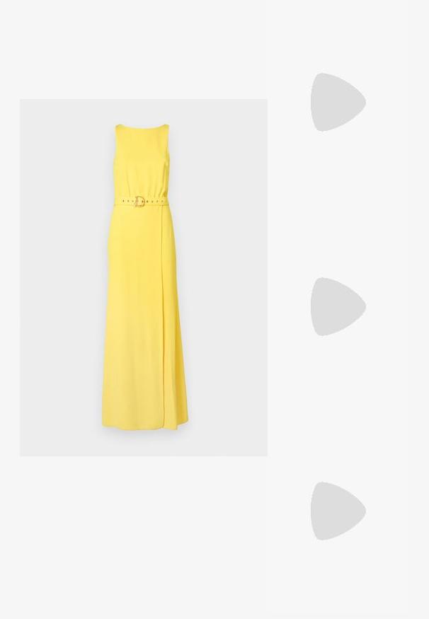 Patrizia Pepe ABITO DRESS - Maxi-jurk - dynamic yellow; Zwarte leren slingback hoge hakken met een puntige neus, met een uitsparing aan de voorkant en een dunne stilettohak.; Mascara Clutch - gold-coloured/silver-coloured; Gouden ketting met een gladde, gebogen centrale accenten. Beschikt over een flexibele ketting met een kreeftsluiting en extra verstelbare schakels.