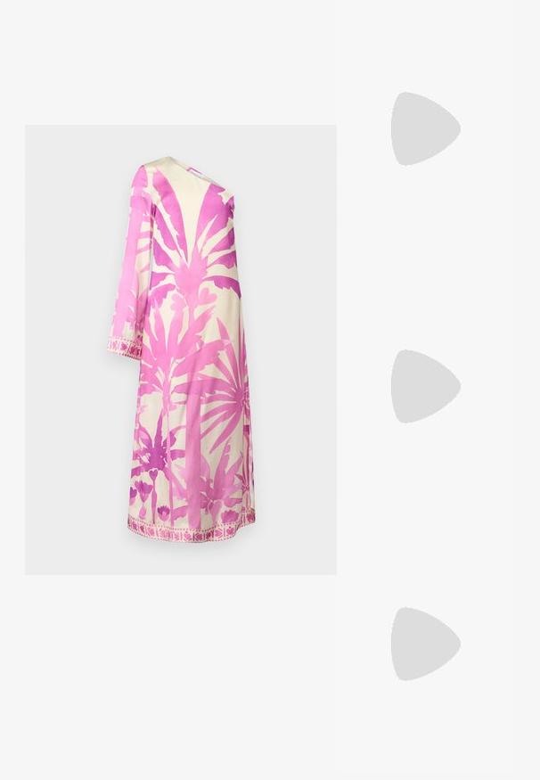 Abito rosa e crema con stampa botanica. Presenta maniche lunghe, scollatura a V e un orlo decorativo con motivi floreali. Tessuto morbido.; Lacoste BASESHOT - Sneakers basse - beige; Borsa a mano in pelle nera con un design strutturato, caratterizzata da una forma corta, manico superiore e accessori in metallo dorato. Inclusa tracolla regolabile.; Orecchini a cerchio in argento con un design liscio e arrotondato e una finitura lucida e elegante. Presentano una forma minimalista con una leggera apertura.
