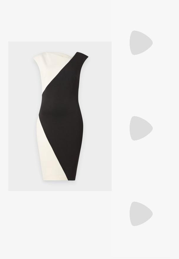 Calvin Klein COLORBLOCK DRESS - Robe fourreau - black/chalk; Des sandales noires à talons hauts avec des fines lanières au design noué, un bout carré lisse et un talon aiguille élégant.; Sac à main en métal gris clair avec une bandoulière en chaîne, orné de petits clous métalliques ronds et d'un logo de marque triangulaire.; Boucles d'oreilles en argent avec une finition lisse et brillante. Forme arrondie, conception légère, avec un fermoir à tige.