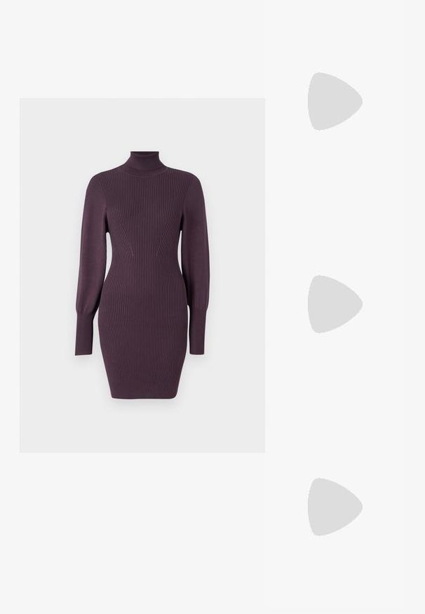 Pletené šaty s vysokým límcem v tmavě fialové barvě, s žebrovanou strukturou, slim fit střihem a dlouhými rukávy s přiléhavými manžetami. Hladká tkanina, minimální detaily.; Lesklá bordó kotníková bota s masivním černým podpatkem, se hladkým povrchem a jednoduchým designem. Žádné viditelné zapínání ani vzory.; Hnědé želvovinové brýle s oválnými skly, tenkými bočními nohami a průhlednými akcenty. Obsahují decentní logo na stranu. Elegantní, lehký design.; Even&Odd Kabelka - brown