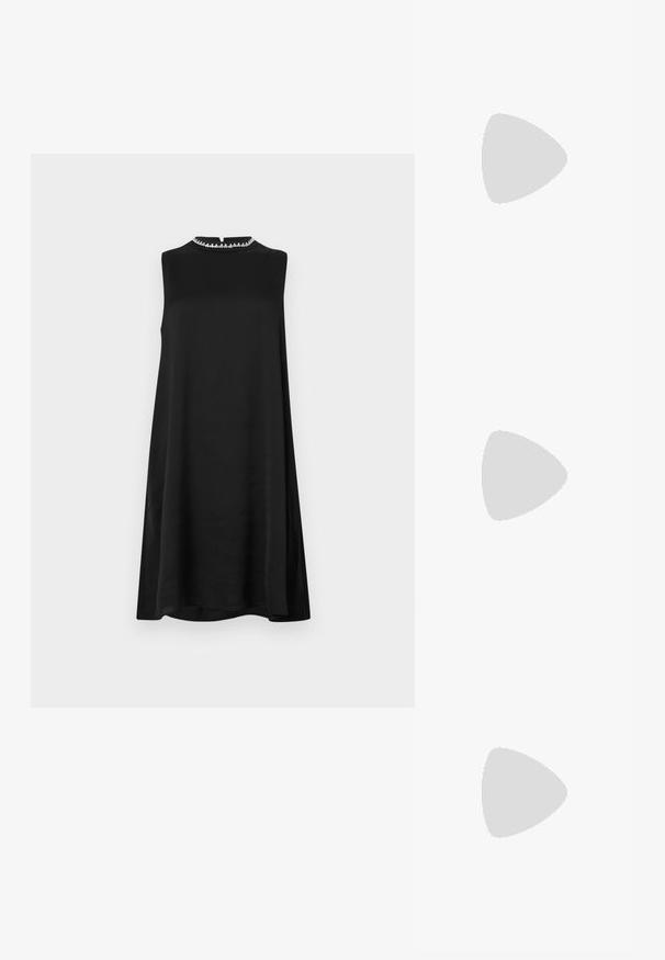 Black sleeveless dress with a high neckline featuring a subtle decorative trim. Loose silhouette, smooth texture, and knee-length hem.; Black high-heeled sandals feature thin straps with a knotted design, a smooth square toe, and a sleek stiletto heel.; Light gray metallic handbag featuring a chain strap, embellished with small circular metallic studs and a triangular brand logo.; Silver hoop earrings with a smooth, shiny finish. Rounded shape, lightweight design, featuring a post-back closure.