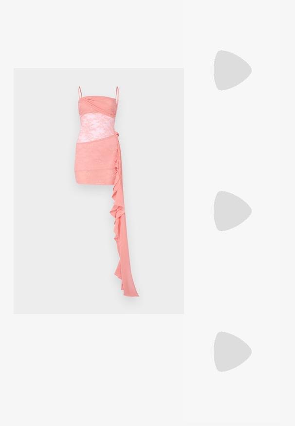 Pink cocktail dress featuring a fitted bodice with ruching, lace accents, spaghetti straps, and a draped ruffle detail on one side.; Black patent leather slingback shoes with a pointed toe, silver hardware detail, and a low block heel. Smooth, shiny texture throughout.; Black leather crossbody bag featuring a smooth texture, rectangular shape, and a metallic chain detail on the front. Adjustable strap included.; Gold hoop earrings featuring a textured design with three clear crystal accents on one side, offering a modern geometric aesthetic.