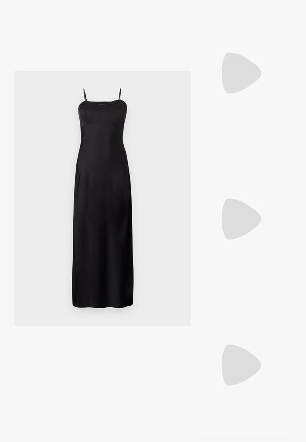 Black satin slip dress with spaghetti straps, featuring a fitted bodice, A-line silhouette, and floor-length design. Smooth texture.; Black high-heeled sandals feature thin straps with a knotted design, a smooth square toe, and a sleek stiletto heel.; Light gray metallic handbag featuring a chain strap, embellished with small circular metallic studs and a triangular brand logo.; Silver hoop earrings with a smooth, shiny finish. Rounded shape, lightweight design, featuring a post-back closure.