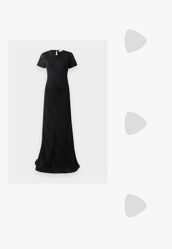 Black floor-length dress with short sleeves, subtle diagonal pinstripes, and a small keyhole opening at the back neckline.; White ribbed tank top with a round neckline and a metal accent detail on the shoulder. Soft texture, fitted design, and sleeveless style.; Puffer jacket with a brown and black pattern, paired with a brown snake print mini skirt, black knee-high boots, and a small black bag.; Black leather handbag with a curved design, featuring silver studs, a buckle, and two side pockets. Adjustable strap for carrying options.