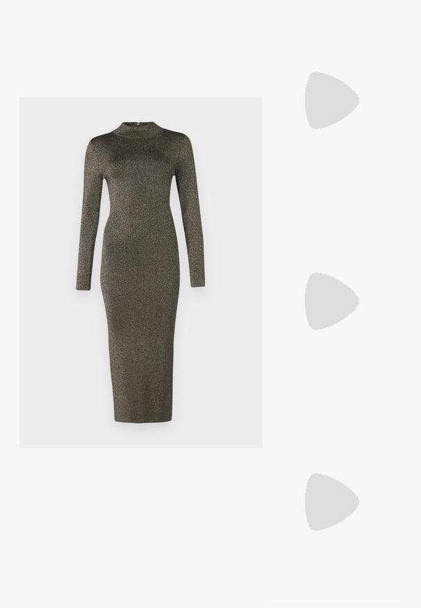 Kratke rukave, uska midi haljina od tamnog metalnog materijala s visokim ovratnikom. Glatka tekstura i minimalni detalji. Gradijent boje od tamne do svijetle.; Crne lakirane slingback pete s oštrim vrhom, s teksturiranim uzorkom zmijske kože, podesivom remenom i kratkom, teksturiranom blok-petom.; Crna kožna torba preko ramena s dva prednja džepa, zlatnim kopčama, zatvaranjem na zip i uskim remenom. Teksturirana površina i kompaktan pravokutan oblik.; Naušnice na stud s zlatnim tonom i uvrnutim dizajnom. Svaka naušnica ima okruglu prozirnu podlogu za sigurno nošenje.
