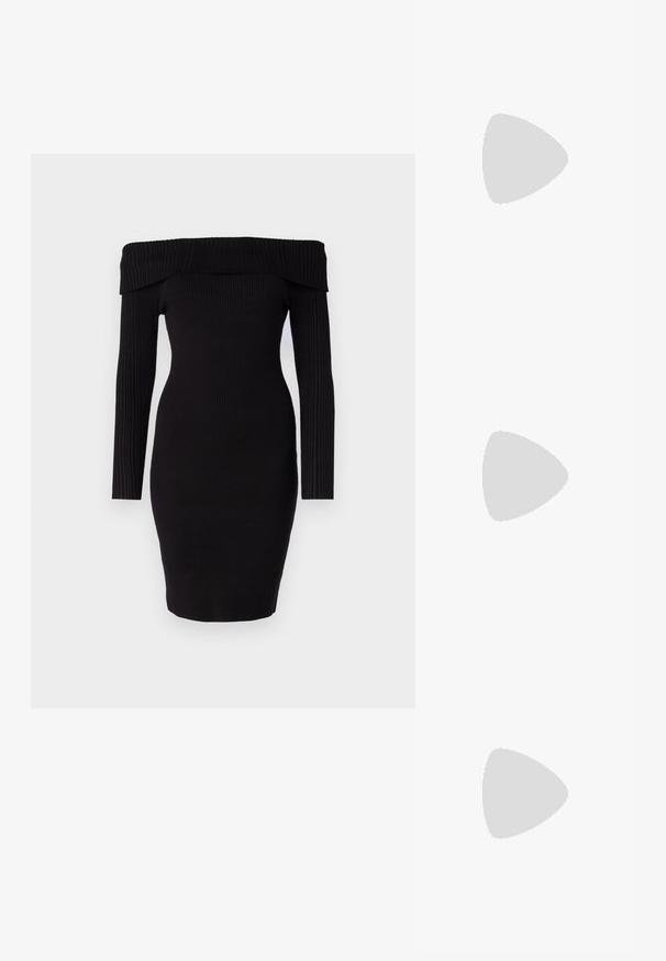 Abito nero a coste con spalle scoperte, maniche lunghe e silhouette aderente, caratterizzato da un tessuto strutturato e un orlo dritto.; Sandali neri con tacco alto presentano sottili cinturini con design annodato, una punta quadrata liscia e un elegante tacco a spillo.; Borsa a mano metallica grigia chiara con tracolla a catena, impreziosita da piccoli chiodi metallici circolari e da un logo triangolare del marchio.; Orecchini in metallo argentato con forma a goccia liscia e finitura lucida. Incisioni sottili aggiungono dettagli. Design minimalista.