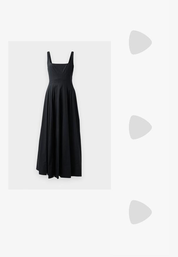 Črna brezrokavna obleka s kvadratnim izrezom, nabranim dizajnom in tokačim krilom, izdelana iz gladkega materiala. Minimalistična estetika.; Črne lakaste slingback pete s koničastim nosom, ki imajo teksturiran vzorec kačje kože, nastavljiv trak in kratek teksturiran blok peto.; Črna usnjena torbica čez ramo z dvema sprednjima žepoma, zlatimi zaponkami, zadrgo in ozkim pasom. Tekstura površine je strukturirana, obliko pa ima kompaktno pravokotno.; Zlato-tonirani kovinski uhani v obliki obroča s krivuljo in podolgovato obliko. Imajo gladko, sijočo površino in zaobljen vrh za dodaten detajl.