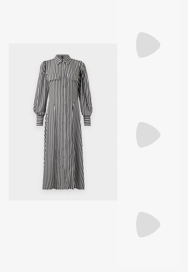 Vestido riscado com gola, mangas bufantes, fecho de botão na frente e dois bolsos no peito em tecido preto e branco.; Sapato slingback preto em pele patentada com bico apontado, tiras no tornozelo apresentando fivelas e acessórios prateados, e um salto elegante.; Bolsa de mão metálica dourada com um design estruturado, textura suave e alça ajustável. Apresenta uma forma triangular única e costura minimalista.; Brincos em tom de ouro com formas onduladas e texturizadas. Inclui studs escultóricos com presilha e um design de argola aberta com um acabamento martelado.