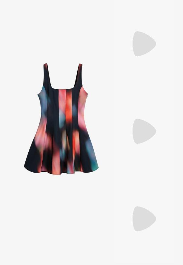 Black dress with colorful abstract pattern featuring shades of red, blue, and pink. Flared hem, scoop neckline, and adjustable straps.; Brown suede sandal with multiple straps and silver buckle hardware, flat sole, open toe design, and subtle studded accents.; Round, brown-tinted sunglasses with a glossy burgundy frame. Slim arms with subtle branding detail. Flat lens design.; Beige handbag with a textured fabric body and leather accents, featuring gold hardware and dual handles. Includes a detachable strap.