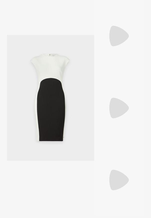 Calvin Klein COLORBLOCK DRESS - Tubino - black/egret; Sandali neri con tacco alto presentano sottili cinturini con design annodato, una punta quadrata liscia e un elegante tacco a spillo.; Guess ZALINA FLAP - Pochette - silver coloured; Calvin Klein HOOPS - Orecchini - silver-coloured