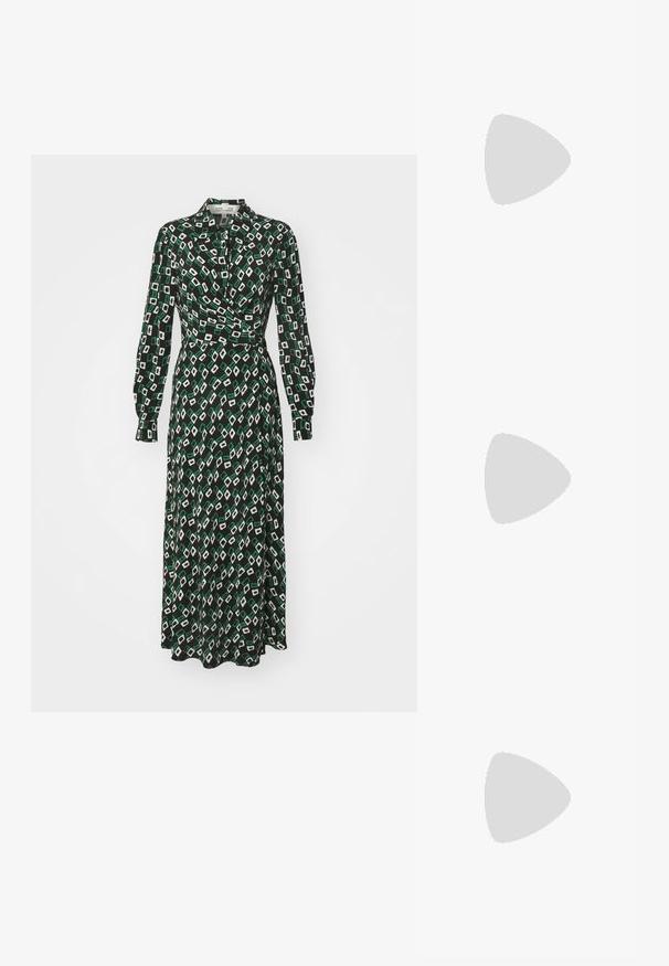 Diane von Furstenberg TORI DRESS - Abito a camicia - black; Sandal con tacco alto in metallo dorato, con punta aperta, cinturino alla caviglia con fibbia e suola a piattaforma per un'altezza aggiuntiva. Texture liscia.; Borsa a tracolla bianca in pelle con un finish testurizzato, dotata di una tracolla in catena dorata e accenti neri. Include una tasca frontale e una chiusura con zip.; Orecchini a cerchio in metallo color oro con forma curva ed allungata. Presentano una superficie liscia e lucida e una punta arrotondata per un tocco di dettaglio in più.
