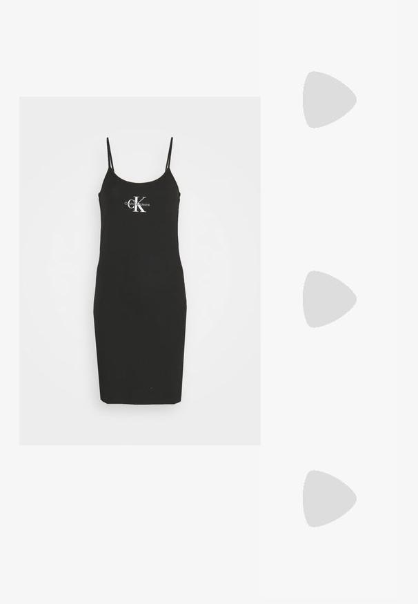 Black fitted dress with thin straps, made of soft fabric. Features a white "Calvin Klein Jeans" logo on the front.; White leather sneakers with a thick white sole, black suede heel accent, and embossed logo on the side. Laced design with six eyelets.; Black oversized sunglasses with a geometric shape, featuring dark lenses and a contrasting grey detail on the frame. Logo on the arm.; Silver hoop earrings with a smooth, shiny finish. Rounded shape, lightweight design, featuring a post-back closure.