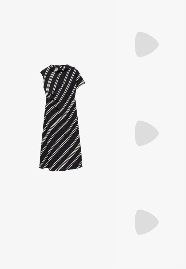 Robe noire avec des rayures diagonales blanches, présentant un décolleté drapé et des manches courtes, réalisée en un tissu doux et texturé.; Des chaussures Mary Jane en cuir verni noir présentent un bout rond, deux sangles à boucle ajustables et un petit talon carré. Texture lisse, design minimaliste.; Lunettes de soleil ovales dorées avec des verres sombres, présentant un design élégant, des branches fines et un accent noir au niveau de la tempête. Numéro de modèle L37.; Montre rectangulaire en or au design minimaliste, avec un cadran crème, des aiguilles dorées et un bracelet en maillons métalliques. Les marquages incluent le nom de la marque.