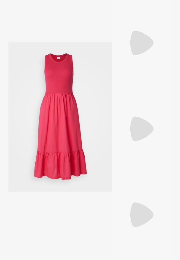 GAP MIDI DRESS - Denné šaty - pink hibiscus; Čierne kožené plážové sandále s krížovým popruhom, plochou platformou a hladkou textúrou. Minimalistický a monochromatický estetický vzhľad.; Čierne obdĺžnikové slnečné okuliare s tmavými sklami a hladkým, lesklým plastovým rámom. Výrazné detaily zahŕňajú malé kovové akcenty na stranách.; Zlaté kruhové náušnice s hladkým, lesklým povrchom. Cirkulárny dizajn s malým steblom a jasným záznamom pre bezpečné nosenie.