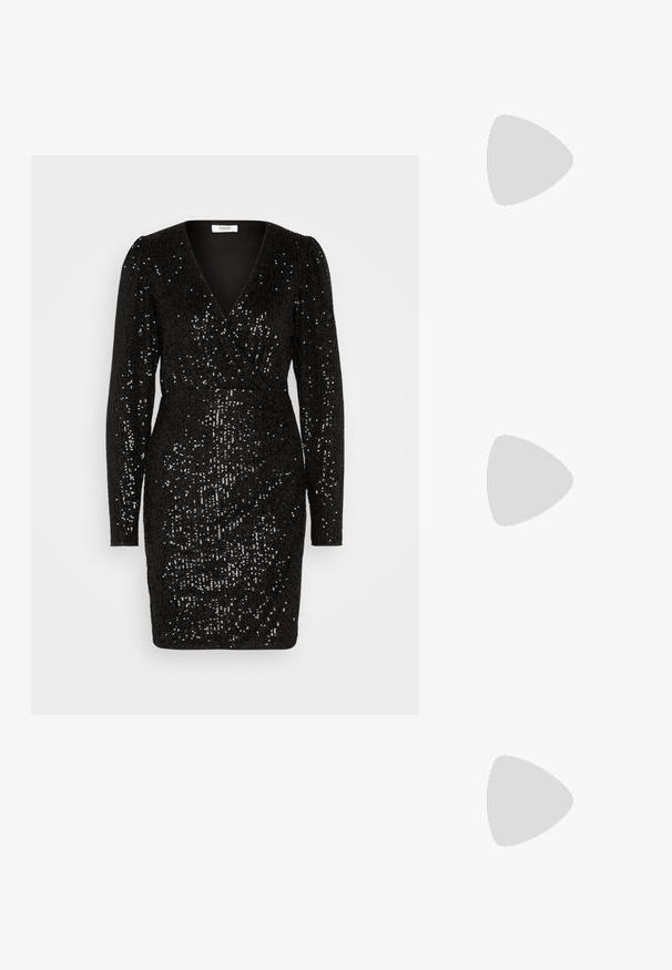 b.young BYSolia - Robe de soirée - black; Chaussure slingback en cuir verni noir avec un embout pointu, des brides de cheville avec des boucles en argent et des éléments en métal, et un talon fin.; Sac à main noir en simili cuir avec un accent en argent en forme d'étoile, deux poignées et une bandoulière réglable.; Boucles d'oreilles dorées présentant des formes texturées et ondulées. Comprend des clips sculpturaux et un design de créoles ouvertes avec une finition martelée.