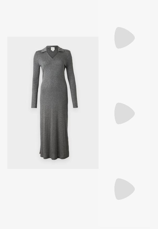 Gray long-sleeve dress made of soft fabric, featuring a collared neckline and a flowing design with a side slit at the bottom.; Black leather high heel shoe with a pointed toe, smooth texture, and a tapered heel. Minimalist design, no additional embellishments.; Black leather shoulder bag with a soft texture, triangular shape, and adjustable strap, paired with a light blue striped shirt and white pants.; Silver hoop earrings with a smooth, curved design. Features a shiny metallic finish and stud closure. No visible patterns or accents.