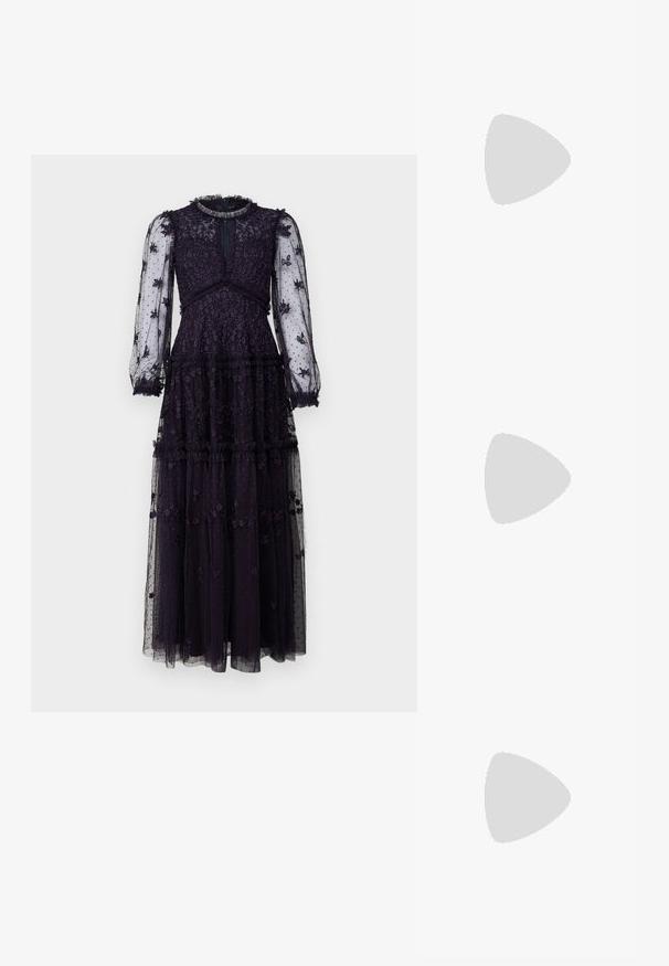 Long purple dress made of sheer fabric with embroidered floral patterns. Features long, puffed sleeves and frilled accents at the neckline and hem.; Gold heeled sandals with a knotted front, pleated texture, and an ankle strap. The block heel has a ribbed design, enhancing grip.; Black leather half-moon bag with a gold hardware accent, featuring a zip closure. Worn crossbody over a gray sweater.; Gold-tone knot stud earrings with a twisted design. Each earring features a circular clear backing for secure wear.