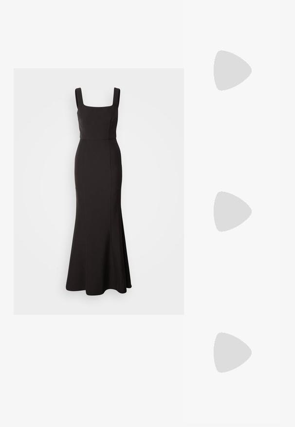 Black evening dress with a square neckline, wide straps, fitted bodice, and flared bottom. Made from smooth fabric, minimalist design.; Black patent leather slingback shoe with pointed toe, ankle straps featuring silver buckles and hardware, and a slender heel.; Burgundy leather handbag with a soft, gathered design and a rounded shape. The handle is secured, showcasing a smooth texture.; Gold-tone earrings featuring textured, wavy shapes. Includes sculptural clip-on studs and open hoop design with a hammered finish.
