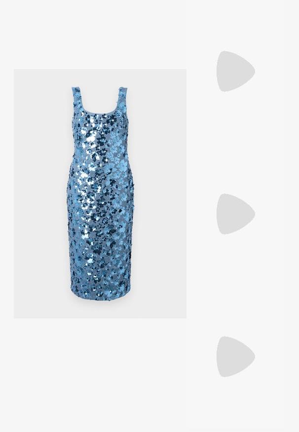 Φόρεμα με παγιέτες σε ανοιχτό μπλε, με εφαρμοστή σιλουέτα, τετρ�άγωνη λαιμόκοψη και τιράντες, διακοσμημένο με λαμπερές μπλε και ασημένιες παγιέτες.; Χρυσές σανδάλες με τακούνι, με κόμπο στο μπροστινό μέρος, πτυχές στην υφή και λουράκι στον αστράγαλο. Το τετράγωνο τακούνι διαθέτει ριγωτή σχεδίαση, που ενισχύει την πρόσφυση.; Μαύρη δερμάτινη τσάντα ώμου με δύο μπροστινές τσέπες, χρυσά κούμπωματα, κλείσιμο με φερμουάρ και λεπτό λουρί. Υφή επιφάνειας και κομψό ορθογώνιο σχήμα.; Χρυσές μεταλλικές σκουλαρίκια κρίκοι με καμπυλωτό, ελκυστικό σχήμα. Περιλαμβάνουν μια λεία, γυαλιστερή επιφάνεια και στρογγυλή άκρη για πρόσθετη λεπτομέρεια.