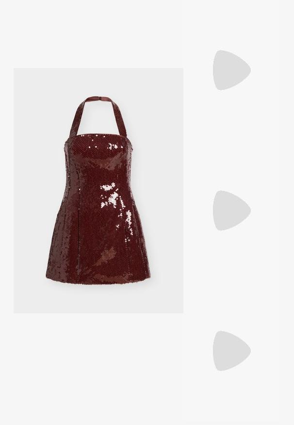 Burgundy sequin minidress with halter neck, fitted bodice, and flared skirt. Features shiny sequins and smooth fabric texture.; Black leather slingback shoes with a pointed toe, flat heel, and ankle strap; worn with light blue wide-leg jeans.; Black leather crossbody bag featuring a smooth texture, rectangular shape, and a metallic chain detail on the front. Adjustable strap included.; Set of gold-tone earrings featuring various designs, including studs, hoops, and dangling pieces with pearls and rhinestones.