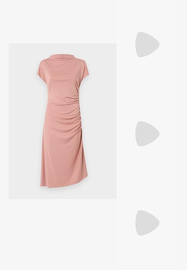 Pink dress made of soft fabric, featuring a high neckline, short cap sleeves, and gathered detailing on one side, creating a draped effect.; White short-sleeve t-shirt made of ribbed fabric. Round neckline, regular fit, and subtle stitching details. No patterns or graphics.; Black leather ballet flat with a rounded toe, smooth texture, minimal stitching detail, and a flexible sole design.; Brown leather handbag with a flap closure, gold-tone hardware, a shoulder strap, and a smooth texture. Compact rectangular shape.