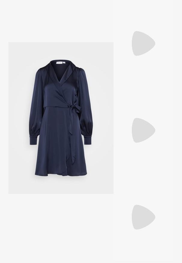 Navy wrap dress made of smooth satin featuring a v-neck, long puff sleeves, and a tie belt for adjustment. Short length with a flowing silhouette.; Black patent leather slingback heels with a pointed toe and a geometric block heel. Features a sleek, minimal design and smooth texture.; Black leather handbag with a curved shape, detachable strap, and gold hardware. The bag features a flap with a buckle detail.; Gold-tone ring featuring an organic, twisted design with smooth texture and tapered ends, creating a modern, sculptural appearance.
