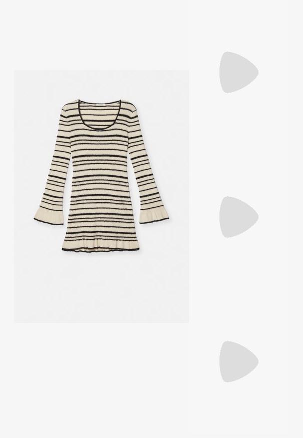 Cream striped knit top with black horizontal stripes, flared long sleeves, and a ruffled hem. Soft texture with a scoop neckline.; White slingback sandals with a slight heel, thin straps, and a smooth leather texture; features a small decorative buckle.; White silk scarf featuring a repeating black geometric pattern, bordered with a solid black edge. Lightweight with a smooth texture.; Black crocodile-embossed leather handbag with a structured design, top handle, adjustable strap, and a prominent front logo detail.