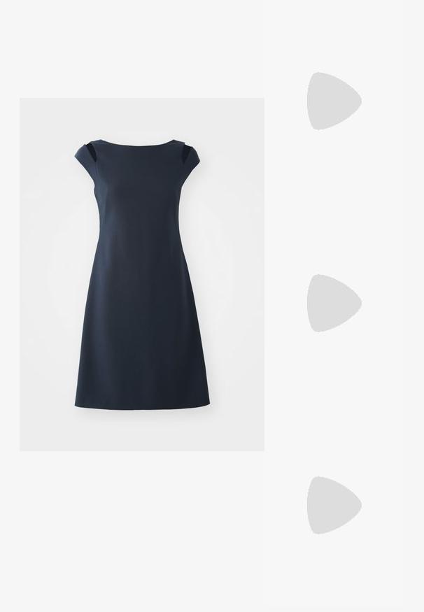 Navy blue sleeveless dress with a round neck, fitted bodice, and flared skirt. Smooth fabric with subtle sheen and elegant silhouette.; Black leather slingback heels with a pointed toe, featuring a slim heel and a gold-tone accent on the adjustable strap. Smooth texture.; Black leather handbag with a structured design, featuring a cropped shape, top handle, and gold hardware accent. Adjustable shoulder strap included.; Silver metal hoop earrings with a smooth, shiny surface and a structured, rounded design. Features a hinged clasp for secure wear.