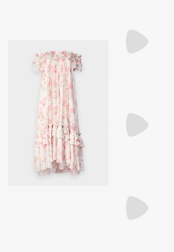 Needle & Thread SUMMER POSY ARIA OFF SHOULDER ANKLE GOWN - Maksi suknelė - moonshine/coral; Baltos odinės aukštakulnės sandalai su dirželiais, elegantiško dizaino, skaidriu blokiniu kulnu ir dekoratyviu elementu ant piršto.; Baltos plastikinės saulės akinių rėmas, stačiakampis, rudi lęšiai ir auksinė detalė ant šventyklos. Sklandžią tekstūrą ir modernų dizainą.; Šeši auksiniai žiedai su įvairiais dizainais: pinti, lapų motyvai ir monolitiniai žiedai; kai kurie su žalios spalvos brangakmenių akcentais.