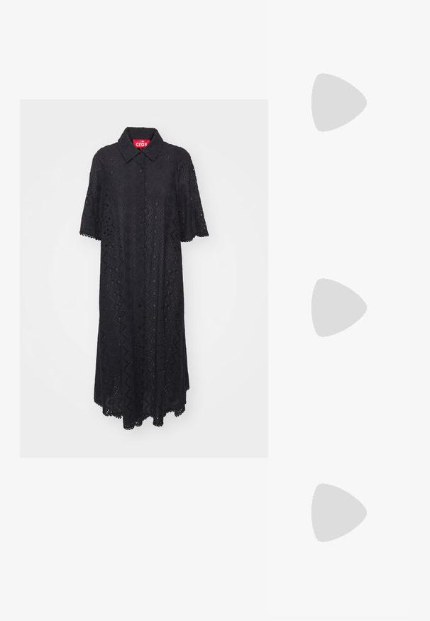 Cras LACYCRAS DRESS - Rochie tip cămașă - black; Balerini din piele neagră, vârf ascuțit, design minimalist, textură netedă, toc de mică înălțime, fără hardware sau embellishments vizibile.; Geantă de umăr din piele neagră, cu o textură netedă, formă rectangulară și un detaliu din lanț metalic în față. Include curea reglabilă.; Cercei din aur în stil cerc cu un design texturat, având trei accente de cristal transparent pe o parte, oferind o estetică geometrică modernă.