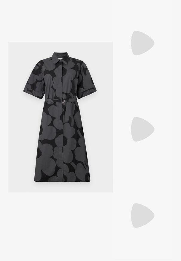 Black and gray floral patterned shirt dress with short sleeves, a collared neckline, and a belted waist. Smooth fabric with a relaxed fit.; Black leather pump with a pointed toe and a low block heel. Features an ankle strap with a gold-tone buckle. Smooth texture.; Black oversized sunglasses with gradient lenses, thick frames, and gold-tone chain detailing on the temple arms.; Black handbag made of smooth material, featuring a curved shape, a single strap, and a gold-colored logo accent on the front.