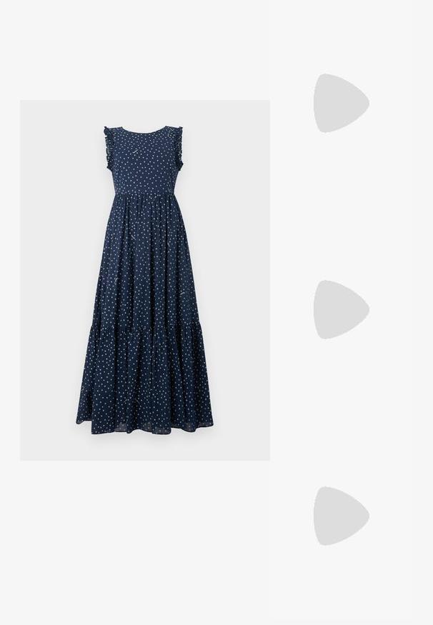 Tumed sinine maxi kleit valgete täppidega, volangidega varrukad, keha lähedal istuv büst ja kihiline, voolav seelik. Valmistatud kergest kangast.; Must musta kingadega, ümarate varvaste ja keskmise plokknõrga. Sile tekstuur, minimaalse kaunistusega, kergelt elastse avaga.; Mustmust nahk õlakotil on sile tekstuur, kumer kuju, reguleeritav rihm ja lukuga sulgemine. Minimalistlik disain ilma kaunistusteta.; Hõbedane kahekordne rõngas sujuva, poleeritud pinnaga. Omab voolavat, kõverat disaini, millel on kattuvad sektsioonid, et saavutada kaasaegne ilme.