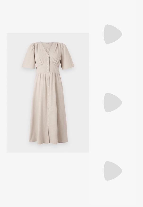 Abito beige con bottoni, scollatura a V, maniche a palloncino corte, vita elastica e texture raccolta; lungo fino al ginocchio con gonna fluente.; Scarpa slingback in vernice nera con punta affusolata, cinturini alla caviglia con fibbie in argento e accessori, e tacco sottile.; Borsa a mano metallica dorata con un design strutturato, superficie liscia e tracolla regolabile. Presenta una forma triangolare unica e cuciture minimaliste.; Orecchini in tono oro caratterizzati da forme ondulate eTexture. Comprendono chiusure clip-on scultoree e un design a cerchio aperto con finitura martellata.