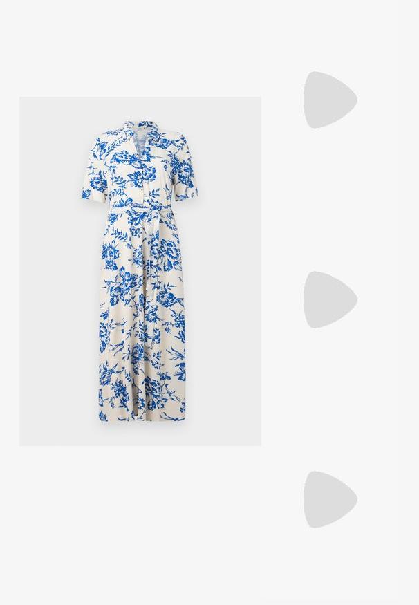 Short-sleeved dress in cream fabric with blue floral pattern, button front, belted waist, and knee-length hem. Standard collar design.; Anna Field by Zalando Classic heels - white; Round sunglasses with dark lenses and gold frames. The model wears a light blue, ribbed cardigan with buttons and contrast white sleeves.; Michael Kors wristlet in beige coated canvas featuring a repeating MK logo pattern, gold hardware, and a detachable chain strap.