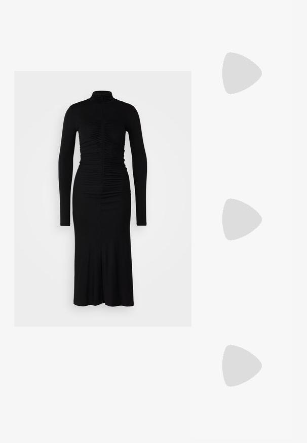 Mustat pitkät hihat mekko, jossa on korkea kaulus, ja torsoa koristaa rypytetty yksityiskohta. Mekon siluetti on tiukka, ja se levenee hieman helmassa.; Musta, kärjeltään terävä slingback-kengä, jossa on matala korko. Kengässä on sileä nahkamateriaali ja sivuilla leikkaukset hengittävyyttä varten.; Musta nahkainen olkalaukku, jossa on pehmeä rakenne, kolmion muoto ja säädettävä hihna, yhdistettynä vaaleansiniseen raidalliseen paitaan ja valkoisiin housuihin.; Hopehopeet hopehopeet hopehopeet hopehopeet, jolla on sileä, kiiltävä pinta. Pyöreä muoto, kevyt rakenne, jossa on neulakiinnitys.