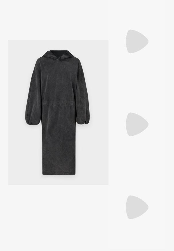 Hooded, long black dress made of textured fabric with a cinched waist and puffed sleeves. Features "SUCCESSFULL LIVING" text on the sleeve.; Black pointy-toed slingback shoe with a low heel, featuring smooth leather material and cut-out design on the side for breathability.; Denim crossbody bag with a black leather strap, oval logo design on the front, and a zip closure at the top. Textured finish.; Silver metal hoop earrings with a smooth, shiny surface and a structured, rounded design. Features a hinged clasp for secure wear.